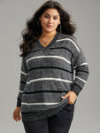 V Neck Striped Contrast Heather Pullover