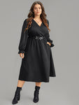 Twill Wrap Belted Pleated Dress