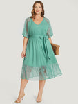 Lace Pocketed Belted Raglan Sleeves Dress With Ruffles