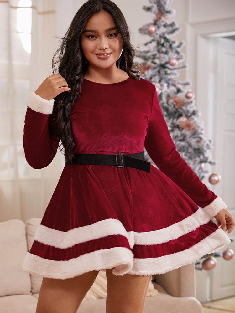 

BloomChic Dresses Fuzzy Trim Belted Tiered Dress, Red