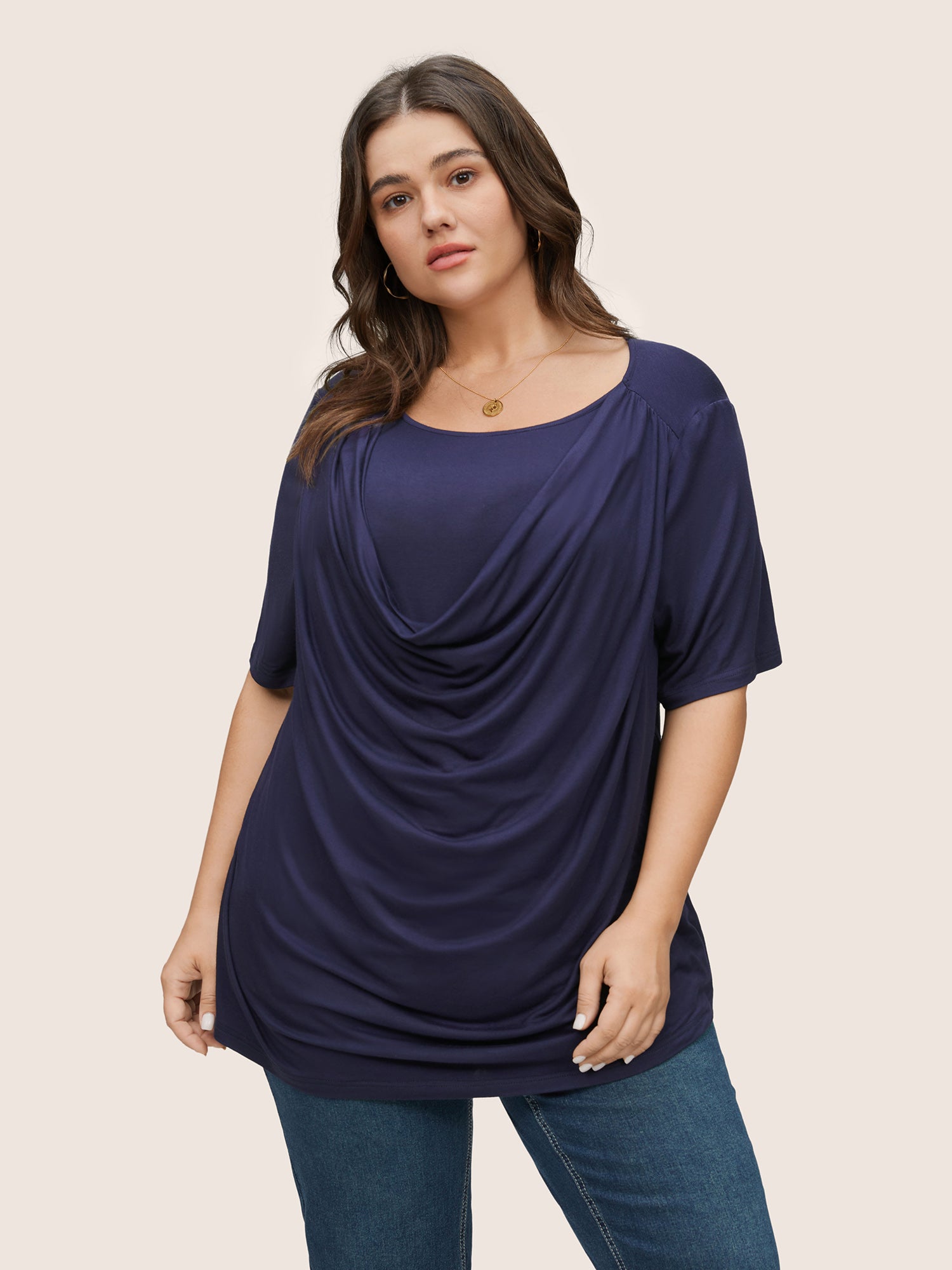 

Plus Size Women Everyday Plain Non Regular Sleeve Short sleeve Cowl Neck Elegant T-shirts BloomChic, Indigo