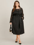 Solid Round Neck Belted Contrast Lace Midi Dress