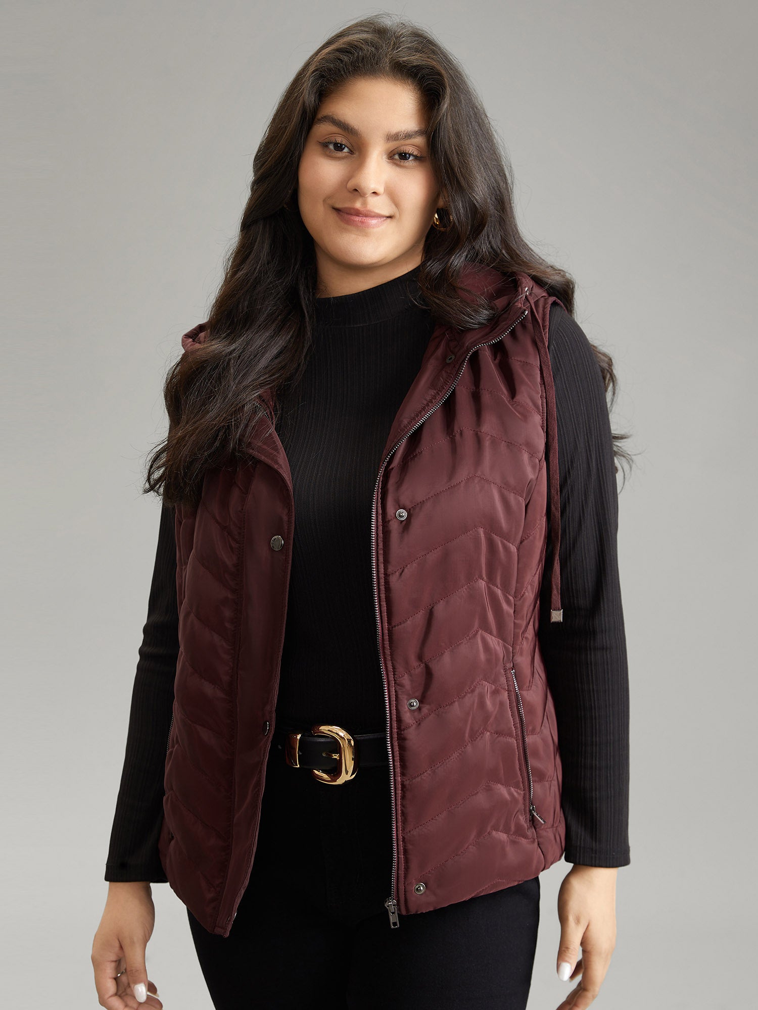 

Plus Size Jackets | Padded Hooded Drawstring Quilted Vest Jacket | BloomChic, Burgundy