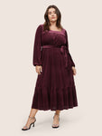 Square Neck Velvet Belted Gathered Dress