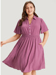 Collared Pocketed Shirred Dress