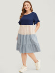 Colorblocking Pocketed Tiered Flutter Sleeves Dress With Ruffles
