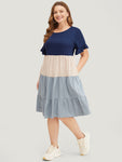 Colorblock Contrast Ruffle Tiered Pocket Flutter Sleeve Dress