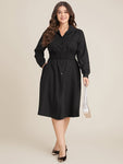 Collared Pocketed Shirred Belted Dress