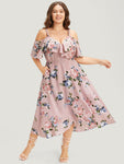 Ruffle Trim Cold Shoulder Sleeves Wrap Pocketed Floral Print Dress