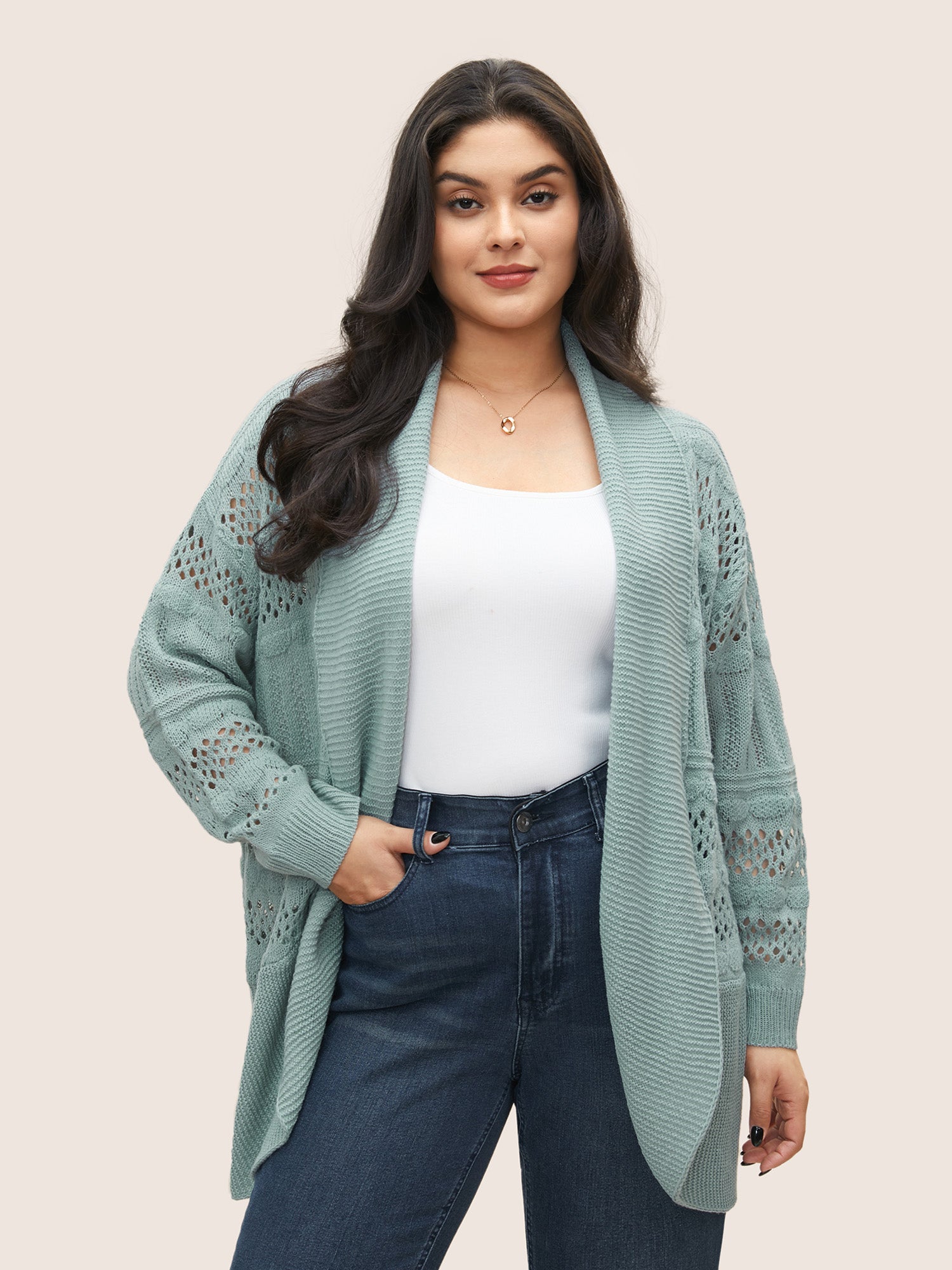 

Solid Cable Knit Cut Out Open Front Cardigan, Mint