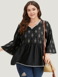 Boho Print Guipure Lace V Neck Bell Sleeve Blouse