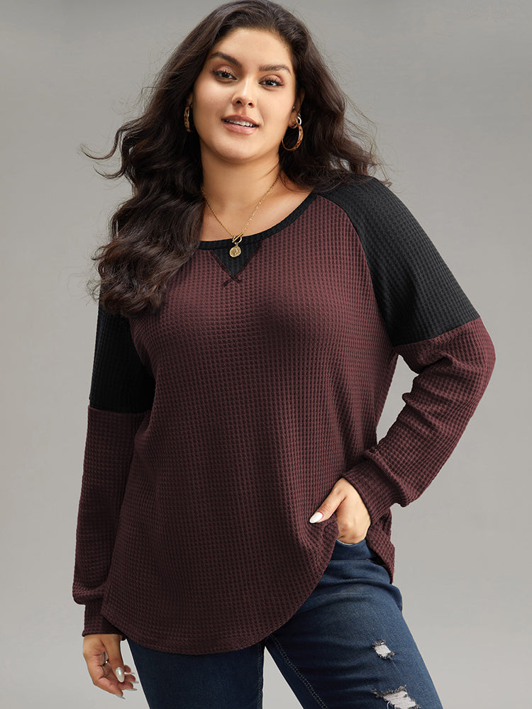 

Plus Size Women Dailywear Plain Contrast Raglan Sleeve Long Sleeve Round Neck Casual T-shirts BloomChic, Burgundy