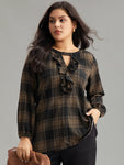 Plaid Keyhole Frill Trim Lantern Sleeve Blouse