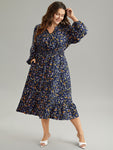 Shirred Pocketed Floral Print Elasticized Waistline Notched Collar Dress