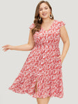 Cap Sleeves Floral Print Shirred Pocketed Dress With Ruffles