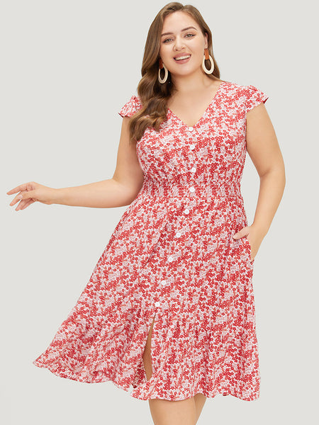 Cap Sleeves Shirred Pocketed Floral Print Dress With Ruffles