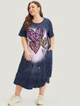 Leopard Heart Print Pocket Arc Hem Graphic Tee Dress