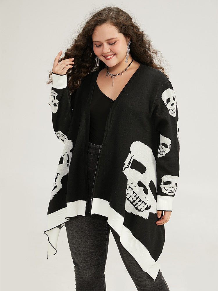 

Plus Size Cardigans | Supersoft Essentials Halloween Skull Asymmetrical Hem Cardigan | BloomChic, Black