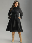 Collared Pleated Shirred Dress With Ruffles