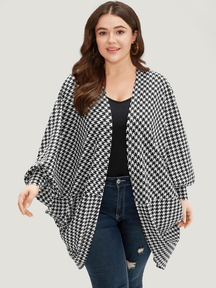 

Plus Size Cover Ups/Kimonos | Houndstooth Asymmetrical Hem Dolman Sleeve Kimono | BloomChic, Black