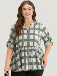 Plaid Notched Button Through Tab Sleeve Blouse