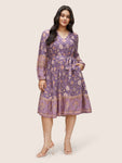 Belted General Print Notched Collar Dress