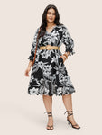 Floral Print Self Tie Scalloped Trim Dress