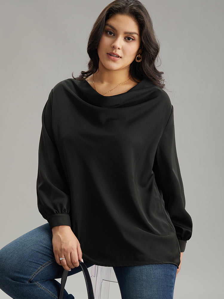 

Plus Size Women Work Plain Plain Regular Sleeve Long Sleeve Cowl Neck Office Blouses BloomChic, Black