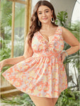 Floral Ruched Detail Ruffles Tiered Trim Swim Dress