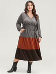 Belted Colorblocking Wrap Tiered Pocketed Dress With Ruffles