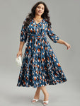 Wrap Belted General Print Dress With Ruffles