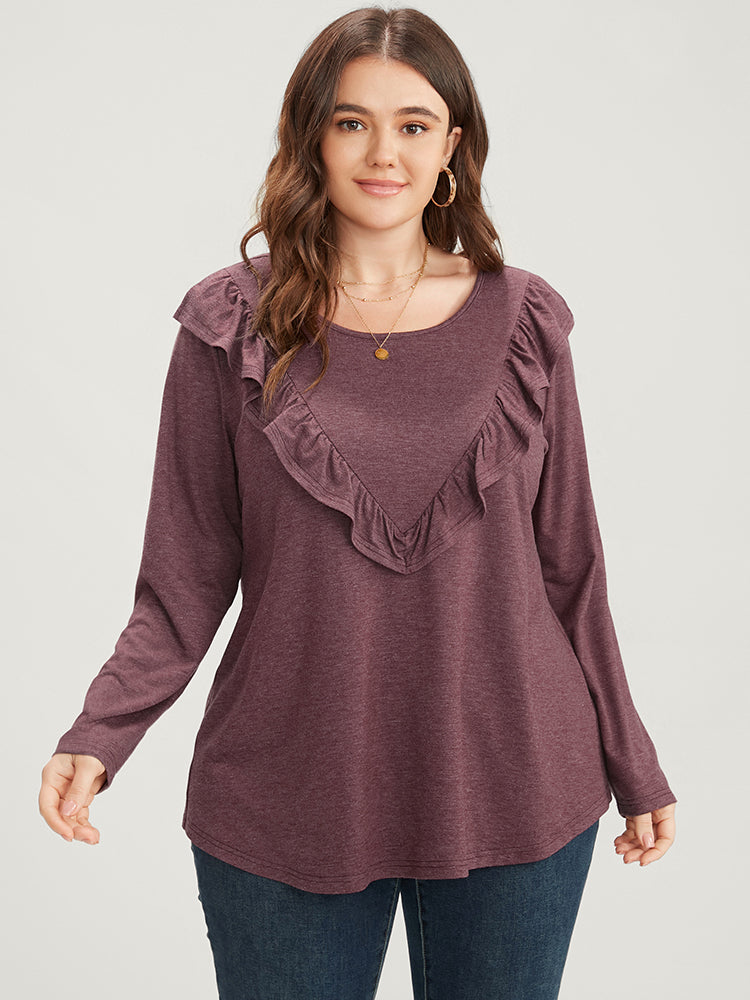 

Plus Size Women Dailywear Plain Ruffles Regular Sleeve Long Sleeve Round Neck Elegance T-shirts BloomChic, Burgundy