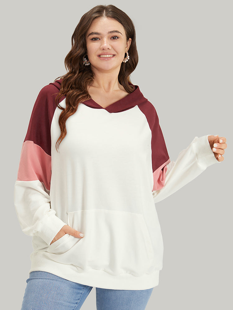 

Plus Size Women Dailywear Colorblock Contrast Regular Raglan sleeve Long Sleeve Hooded Pocket Casual Sweatshirts BloomChic, White