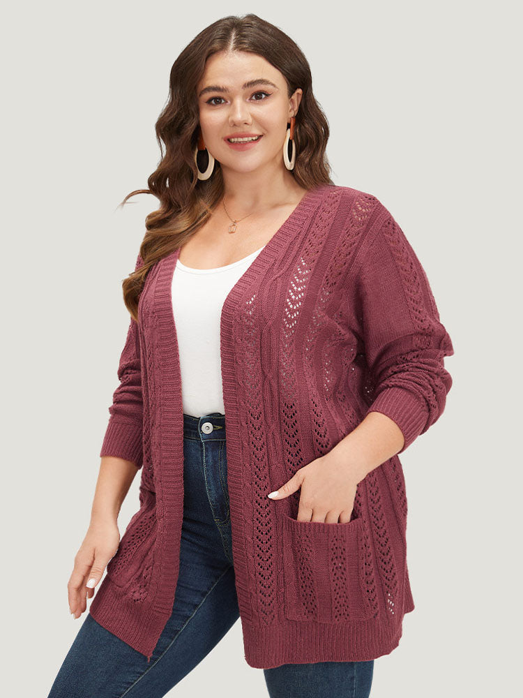 

Solid Patched Pocket Geo Eyelet Open Front Cardigan BloomChic, Maroon