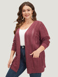 Solid Patched Pocket Geo Eyelet Open Front Cardigan