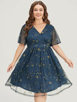 Star & Moon Embroidered Mesh Ruffle Sleeve Pocket Wrap Dress