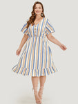 Pocketed Flutter Sleeves Striped Print Dress