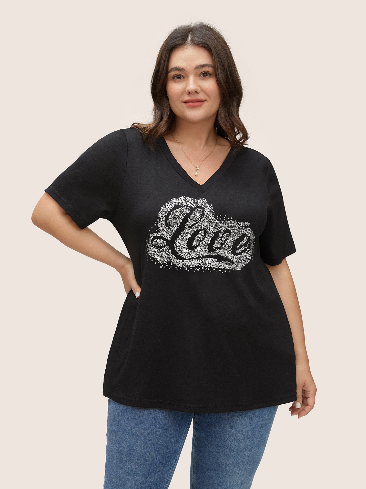 

Plus Size Women Everyday Art&design Rhinestone detailing Regular Sleeve Short sleeve V-neck Casual T-shirts BloomChic, Black