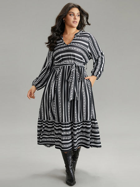Belted Notched Collar Striped Print Dress