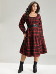 Pocketed Shirred Plaid Print Ruffle Trim Midi Dress