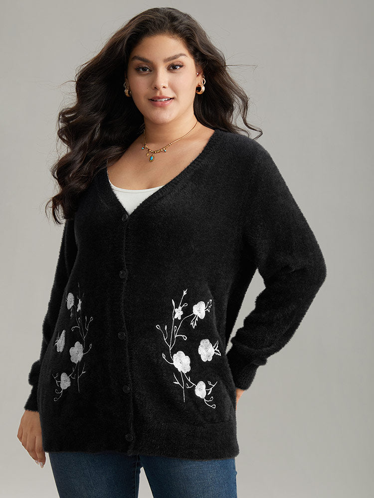 

Plus Size Cardigans | Floral Embroidered Fuzzy Open Front Cardigan | BloomChic, Black