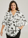 Brush Print V Neck Pleated Ruffles Button Up Blouse