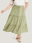 Plain Drawstring Pocket Ruffle Layered Hem Skirt