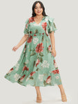 V-neck Floral Print Shirred Pocketed Midi Dress With Ruffles