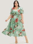 V-neck Floral Print Pocketed Shirred Midi Dress With Ruffles