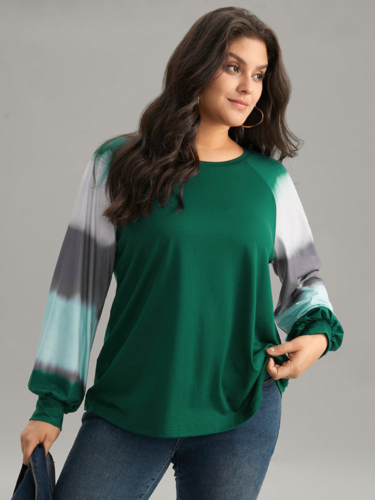 

Plus Size Women Dailywear Tie Dye Contrast Raglan sleeve Long Sleeve Round Neck Casual T-shirts BloomChic, Dark green