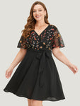Embroidered Belted Pocketed Mesh Wrap Floral Print Dress