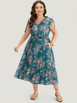 Floral Print Shirred Overlap Collar Drawstring Dress