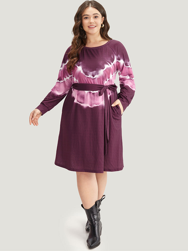 

Plus Size Women Dailywear Tie Dye Belted Raglan sleeve Long Sleeve Round Neck Pocket Belt Casual Dresses BloomChic, Multicolor