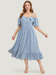 Pocketed Ruffle Trim Cold Shoulder Sleeves Dress